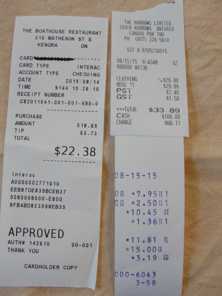 Receipts from a trip to the lake.